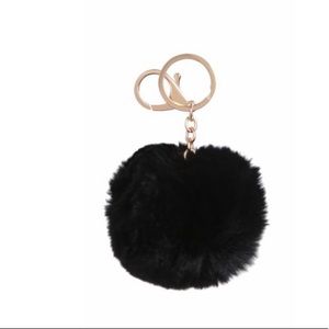 Black fluffy pom pom keychain with gold chain